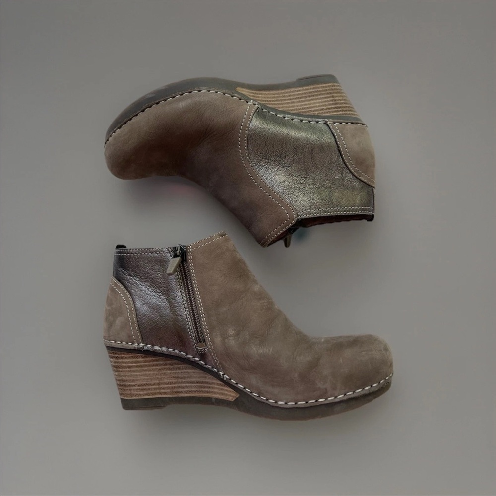 Dansko Taupe Brown Leather Wedge Ankle Booties